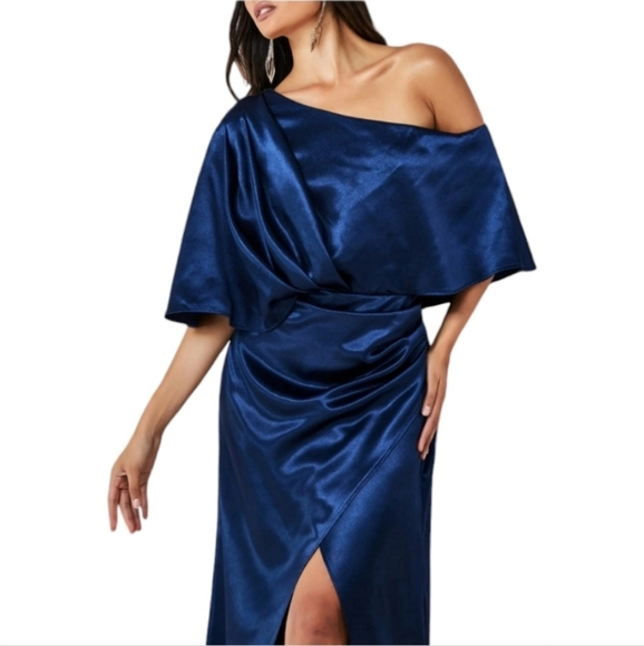JJ’s House One Shoulder Stretch Satin Cocktail Dress Ink Blue Size 16 NWT - Picture 1 of 14